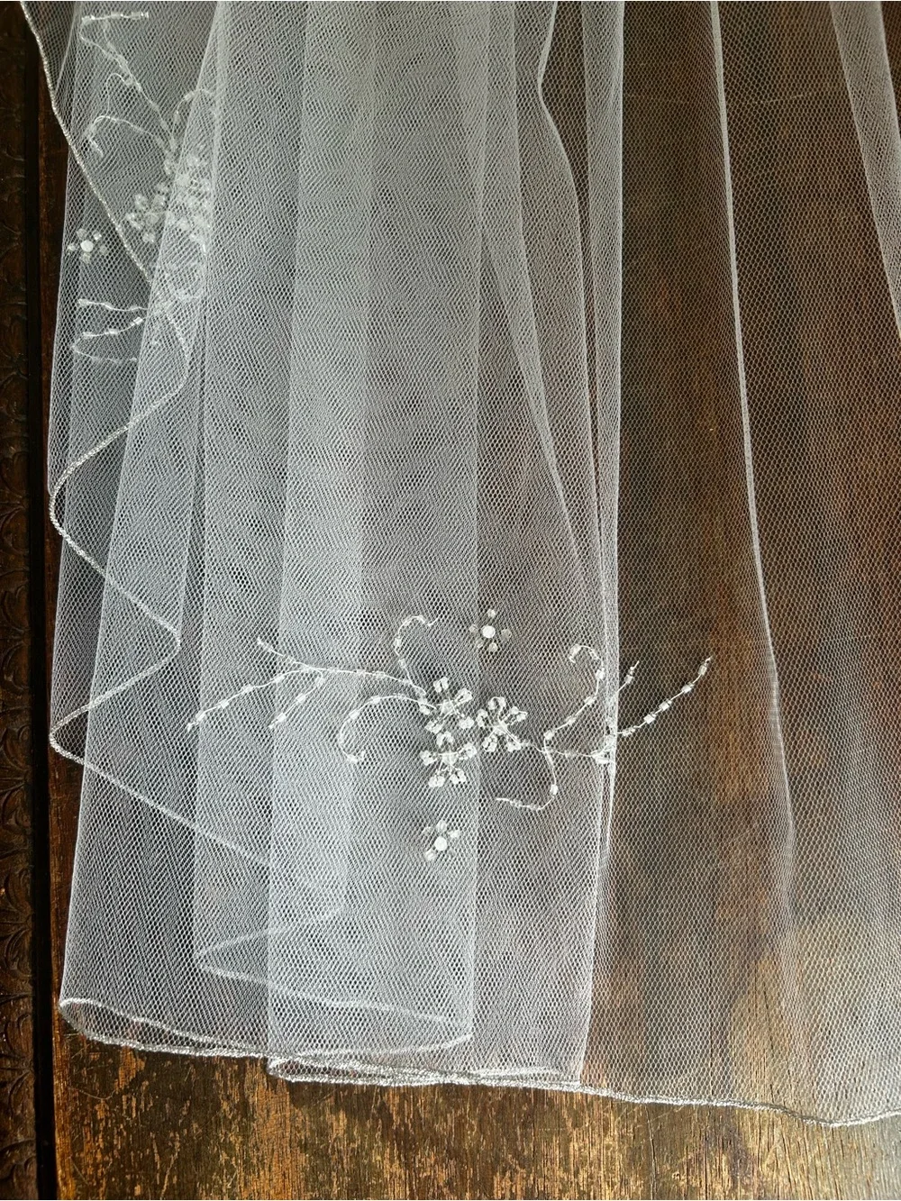 Sheer White Two-Tier Bridal Veil with Floral Embroidery and silver edge